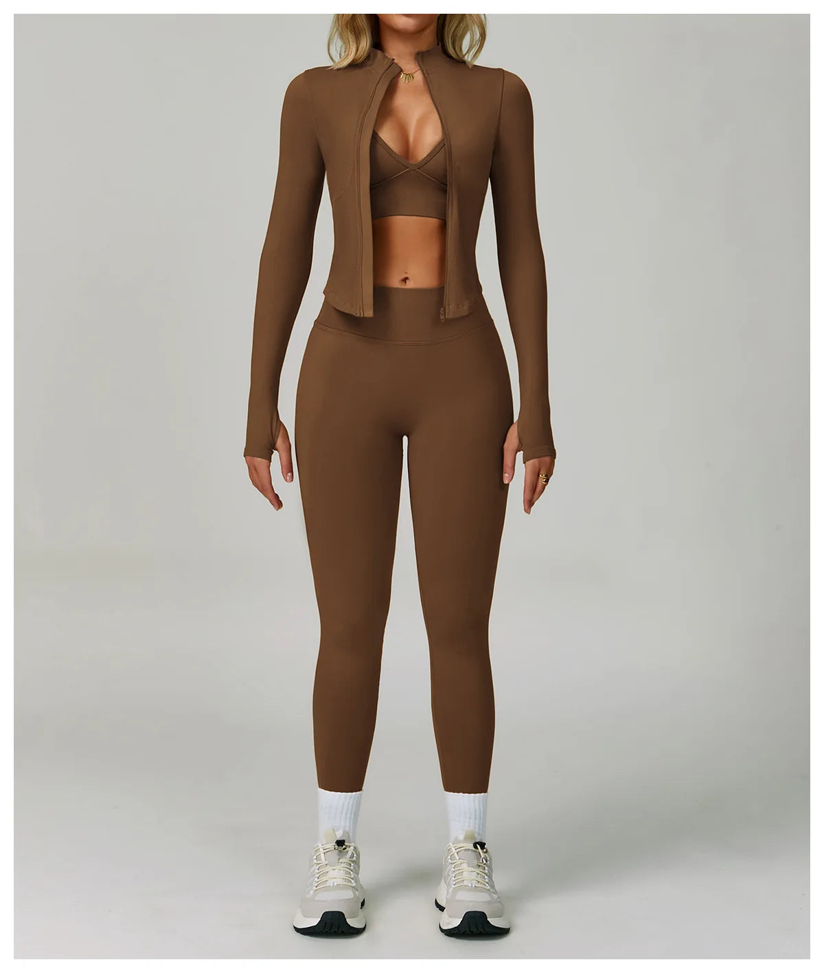 Long-Sleeve Zip Jacket, Sports Bra & High-Waist Shorts