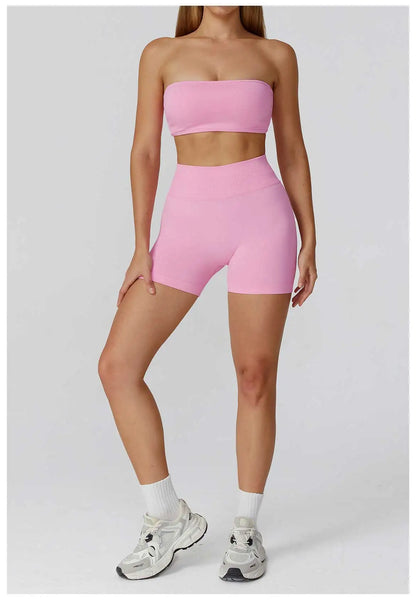 2-Piece Yoga Set with Bandeau Top & High-Waist Shorts