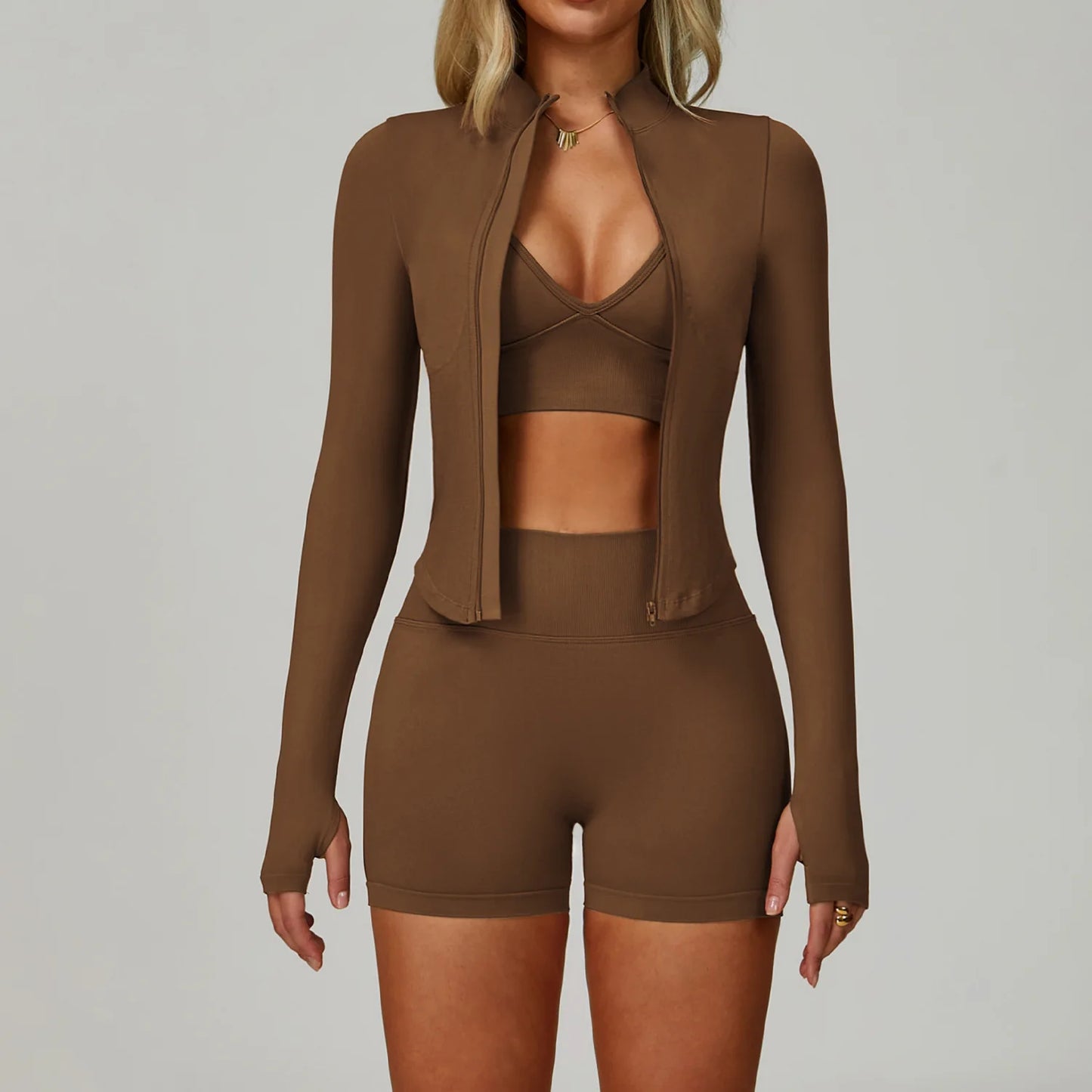 Long-Sleeve Zip Jacket, Sports Bra & High-Waist Shorts