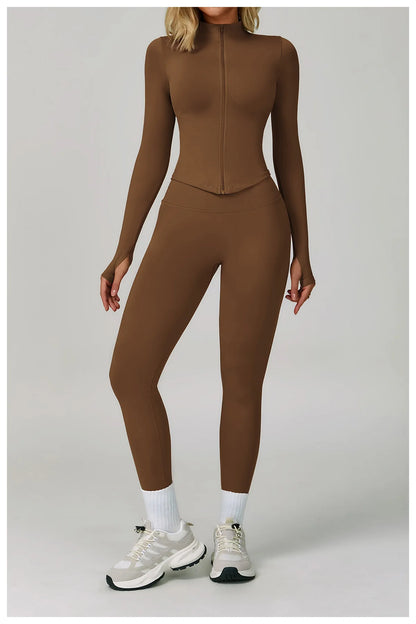 Long-Sleeve Zip Jacket, Sports Bra & High-Waist Shorts