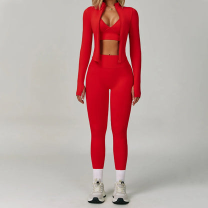 Long-Sleeve Zip Jacket, Sports Bra & High-Waist Shorts