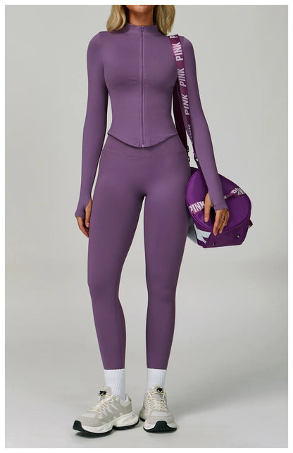 Long-Sleeve Zip Jacket, Sports Bra & High-Waist Shorts