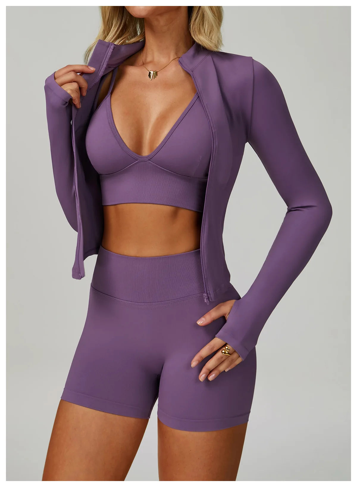 Long-Sleeve Zip Jacket, Sports Bra & High-Waist Shorts